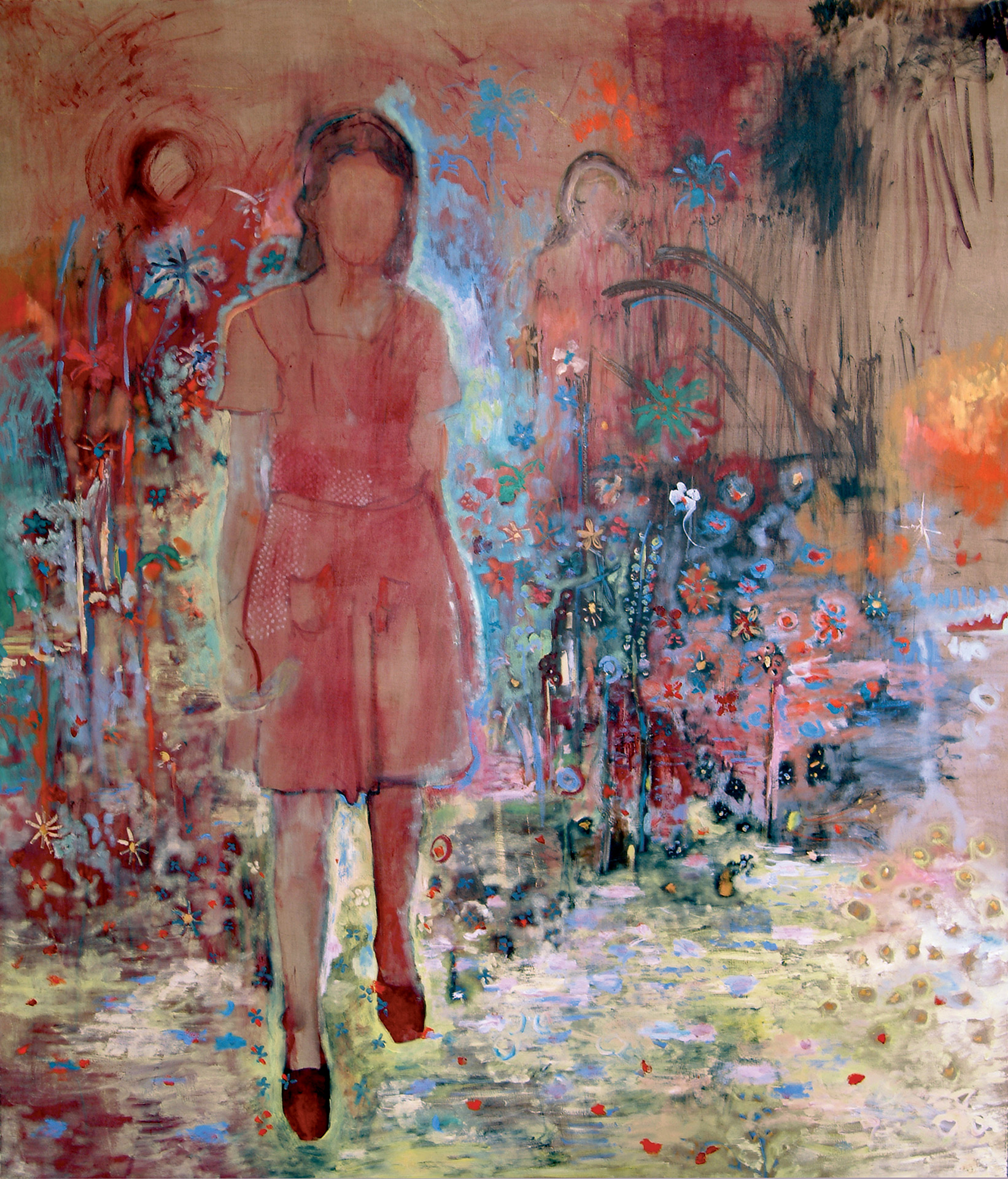 garden, painting, works on paper, watercolor, tempera, mixed media, sisi palmer, art, red, girl