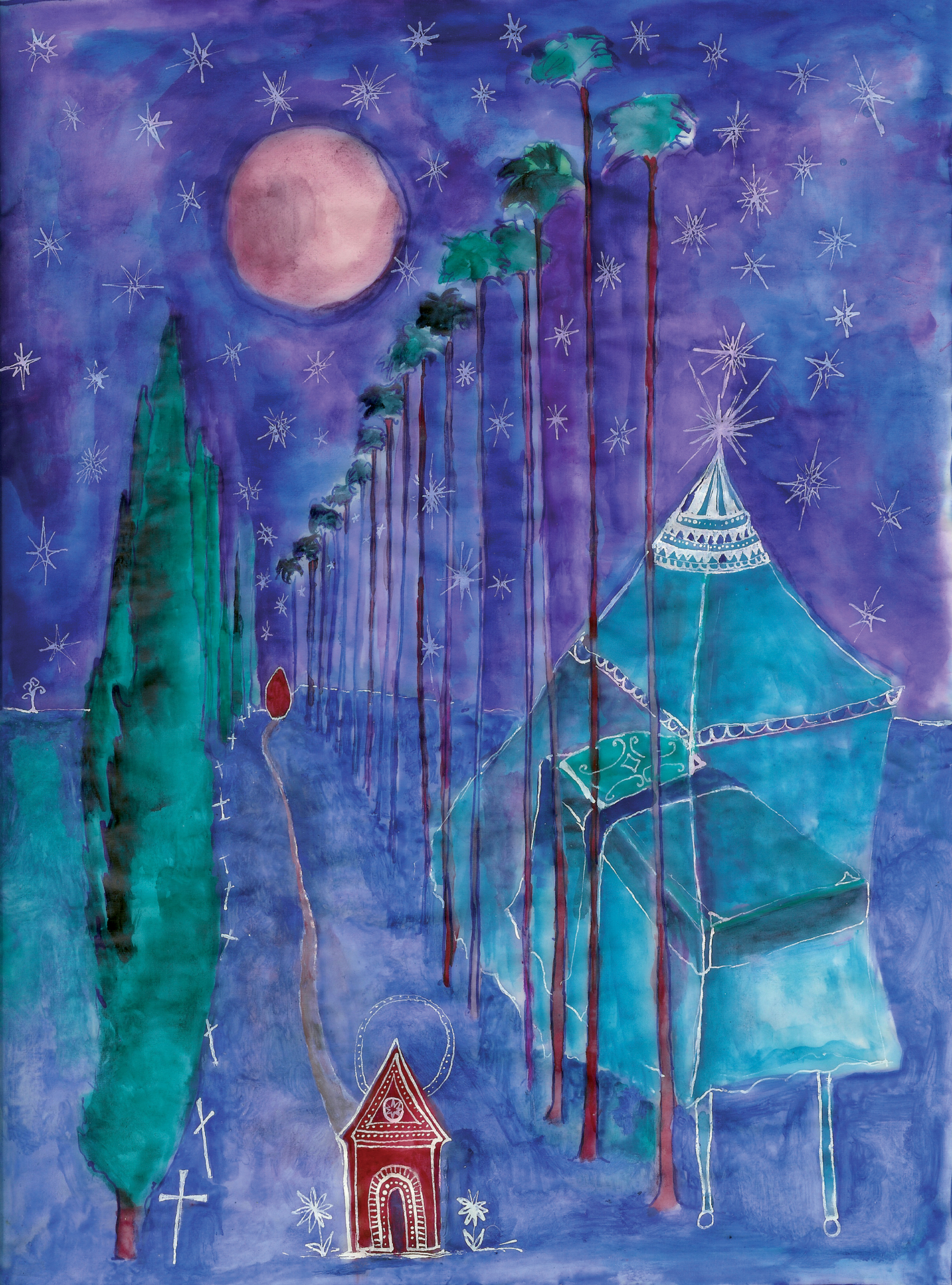 giclée, iris, limited edition series, book of days, dreams, printmaking, inkjet, sisi palmer, art, blue, stars, trees, red, green