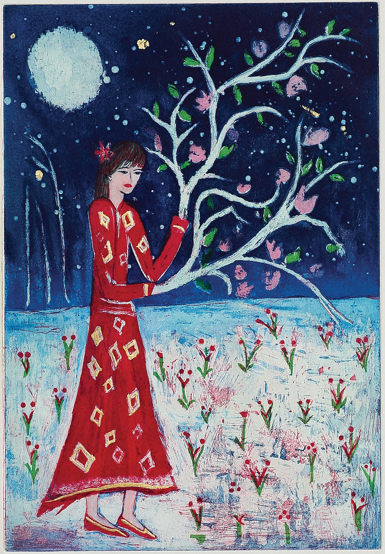 color etchings, aquatint, printmaking, limited edition prints, sisi palmer, art, blue, red, flowers, moon, woman, trees