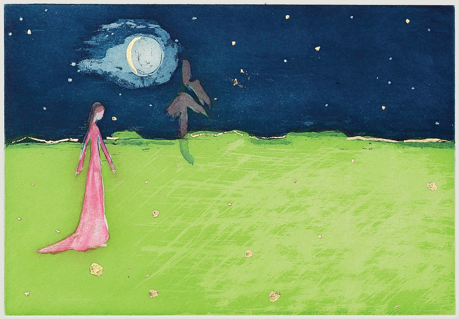 color etchings, aquatint, printmaking, limited edition prints, sisi palmer, art, green, blue, pink, moon, stars, woman