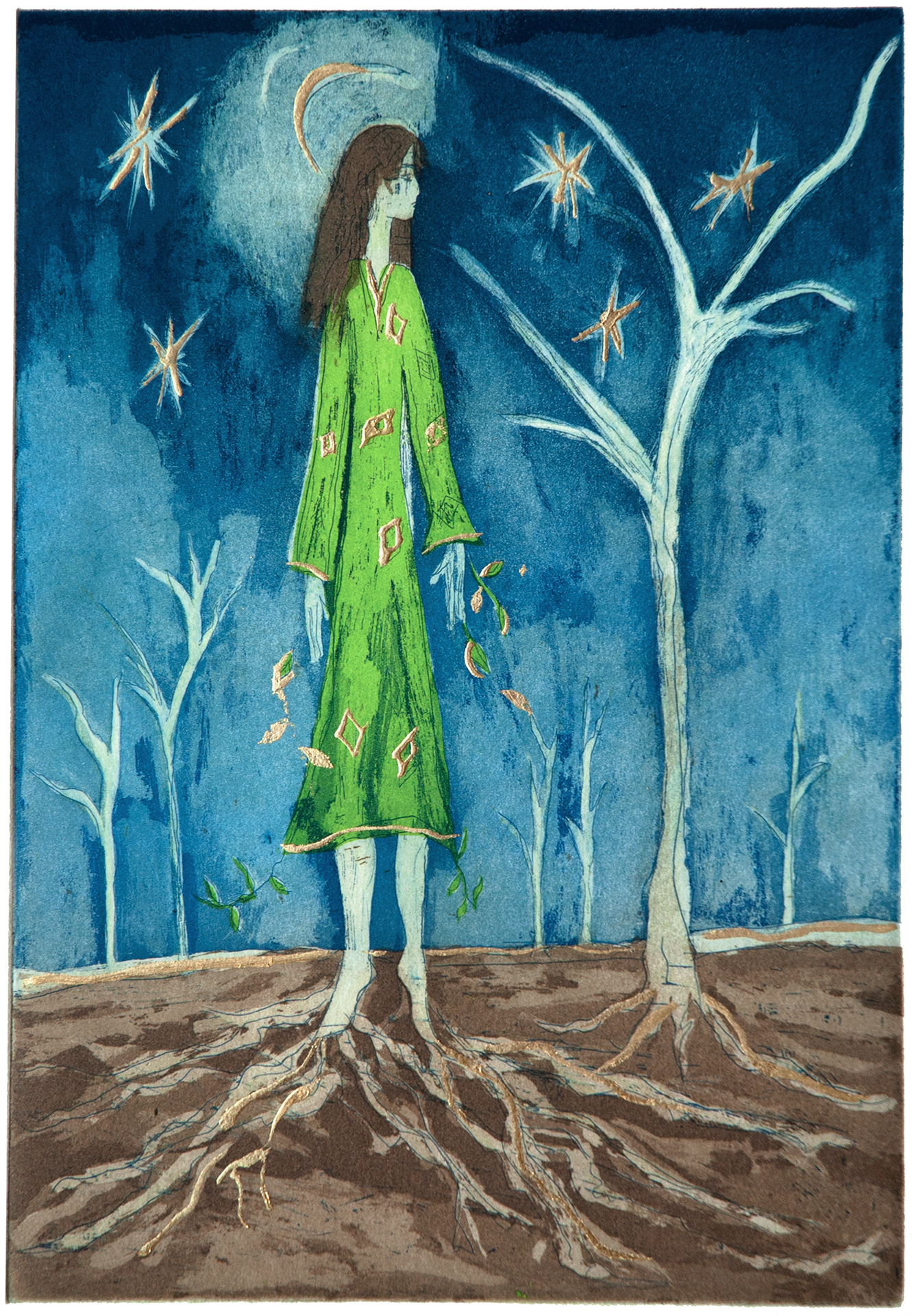 color etchings, aquatint, printmaking, limited edition prints, sisi palmer, art, green, blue, moon, stars, woman, trees, roots