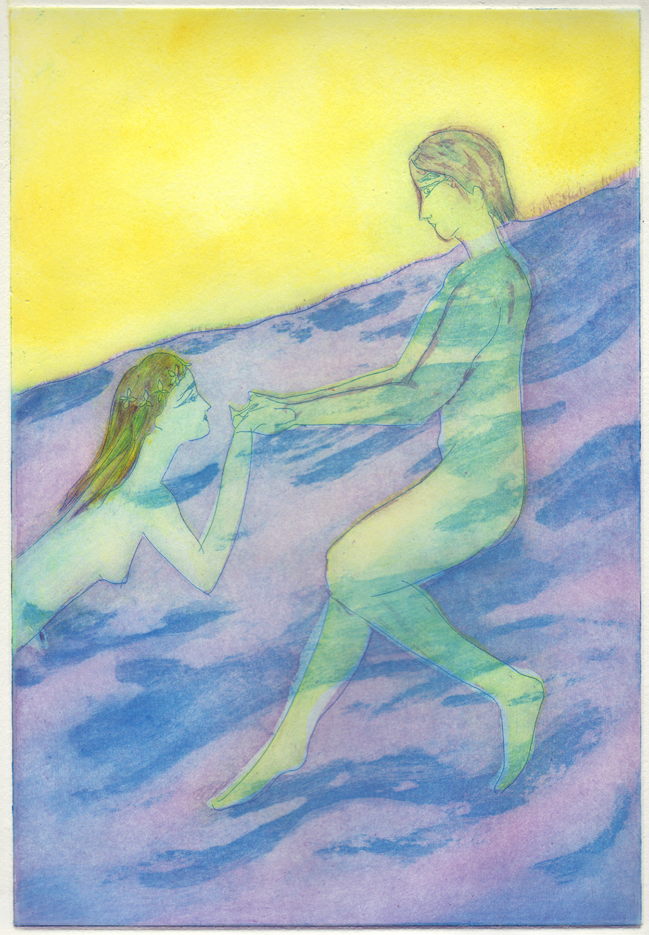 color etchings, aquatint, printmaking, limited edition prints, sisi palmer, art, blue, yellow, sea, water, woman