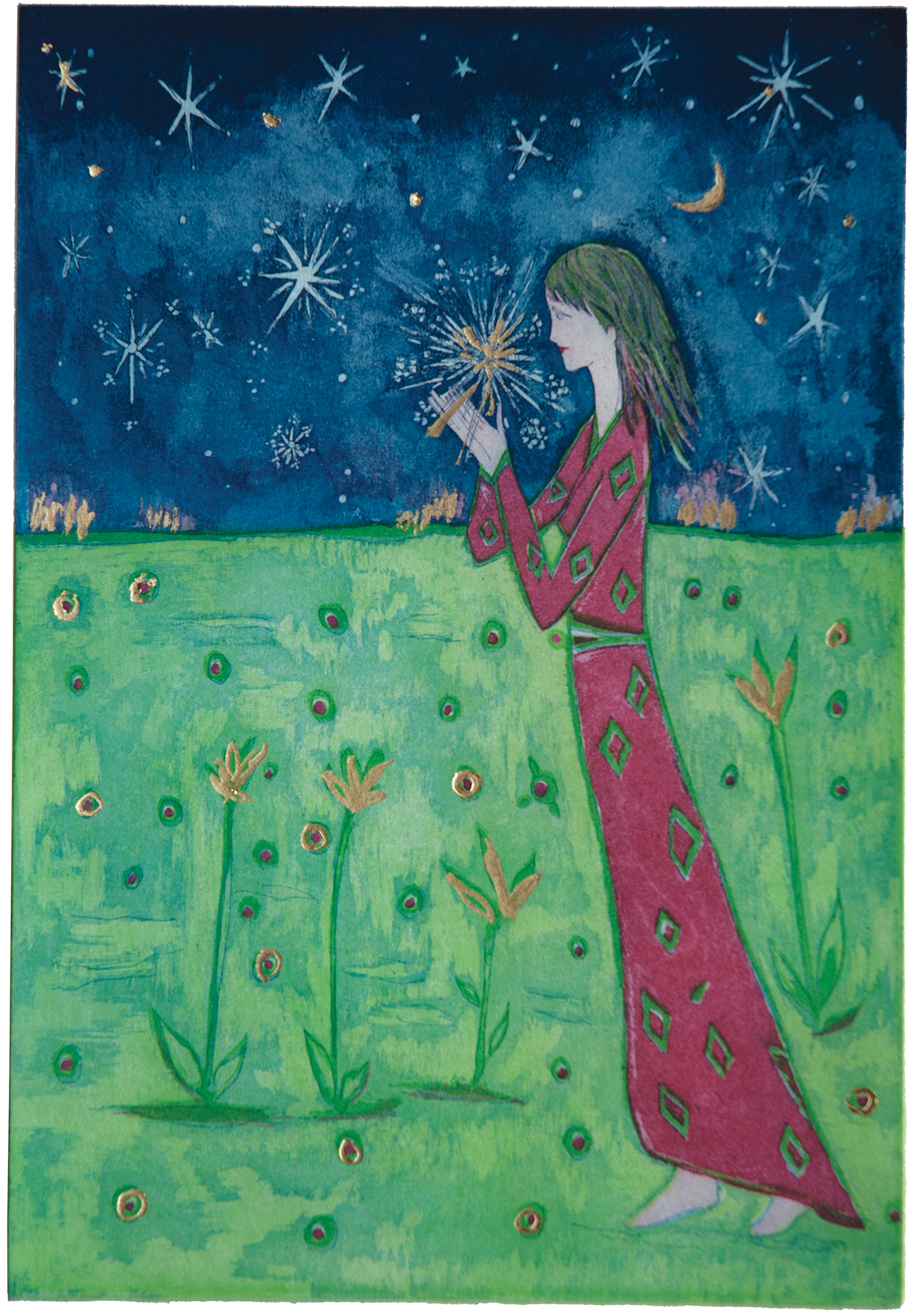 color etchings, aquatint, printmaking, limited edition prints, sisi palmer, art, green, blue, moon, stars, woman, red, flowers