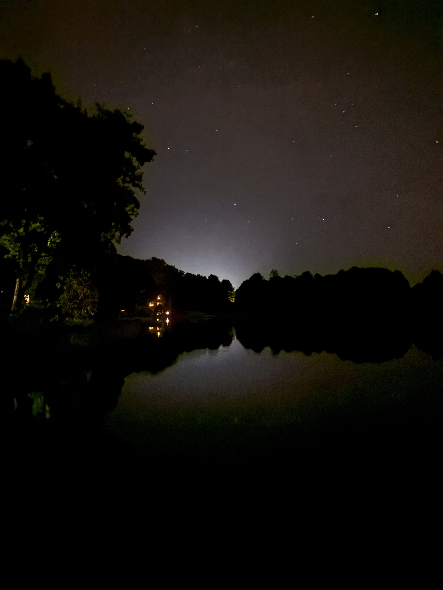 starry night, stars, trees, reflections , night reflections, mirror in the sea, light in the distance, dream-like atmosphere